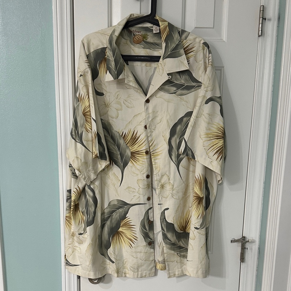 Caribbean Cream and Green Floral Casual Button Down Shirt
